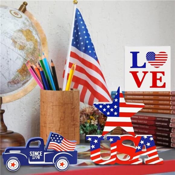 4-Piece Wooden Patriotic Decor Set – USA, LOVE, Star & Car Signs - Picture 2 of 7